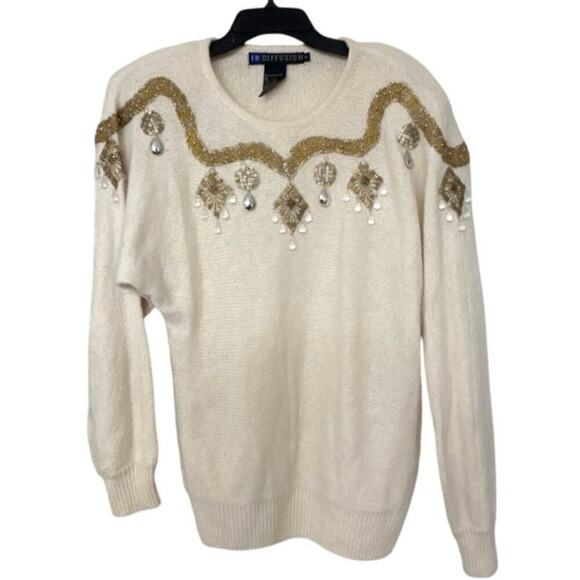VINTAGE 90’S IB Diffusion Silk, Angora, Wool Embellished Beaded Sweater S Retro - Picture 2 of 11
